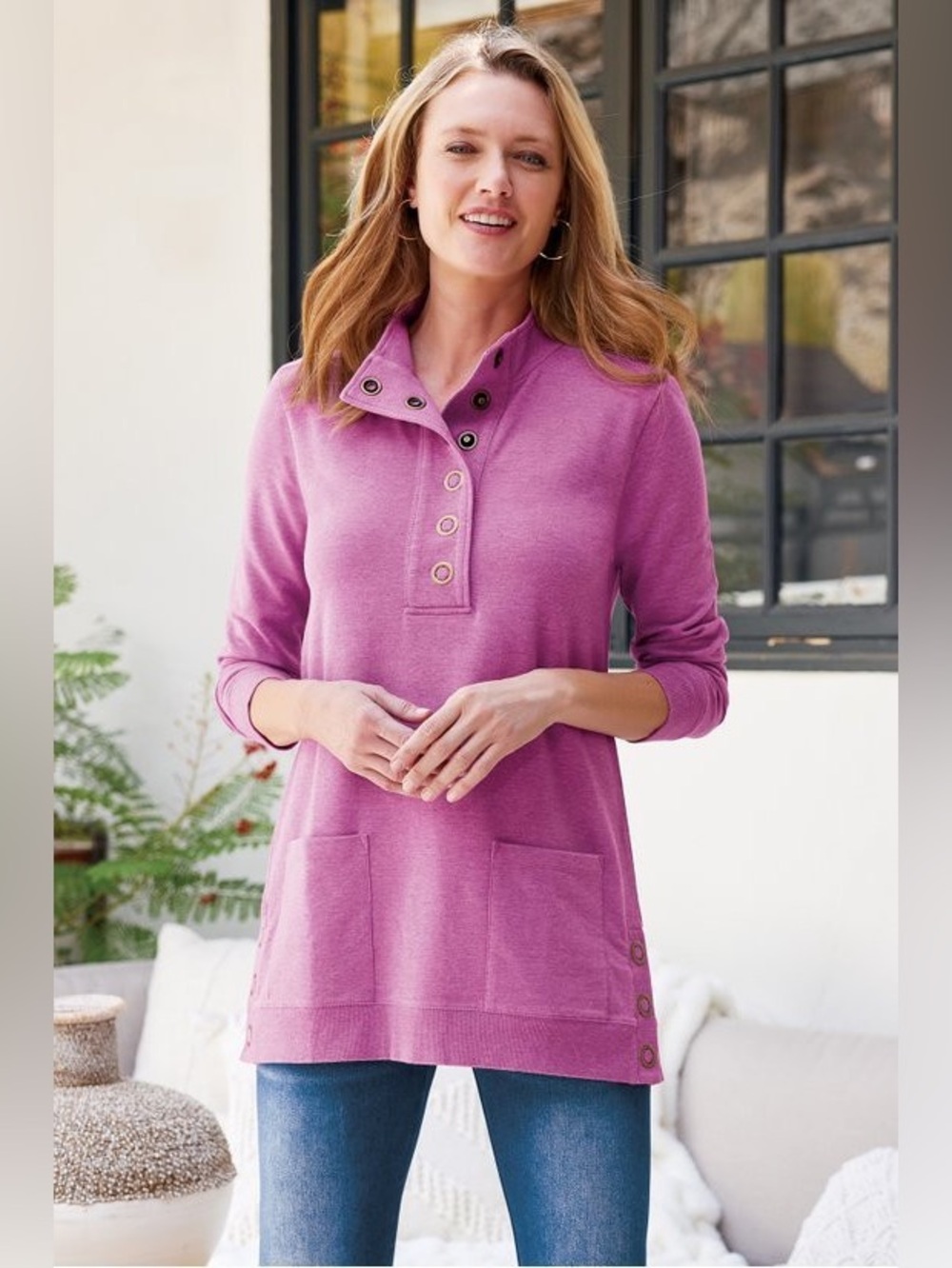 Soft Surroundings Brushed Twill Long sleeve Button Neck Knit Purple Tunic